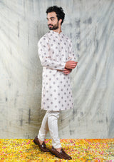 LIGHT CREAM MOTIF PRINTED POLY SILK KURTA PYJAMA SET WITH EMBROIDERY