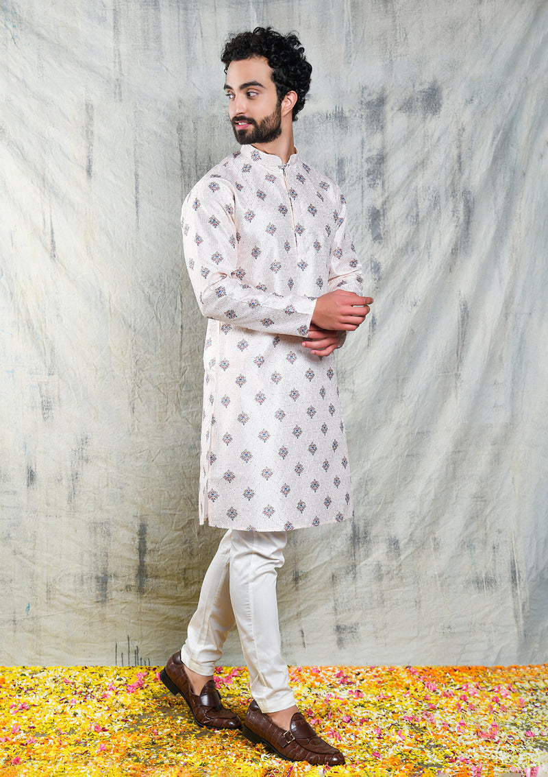 LIGHT CREAM MOTIF PRINTED POLY SILK KURTA PYJAMA SET WITH EMBROIDERY