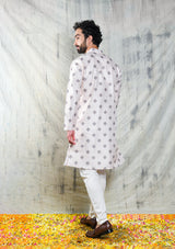 LIGHT CREAM MOTIF PRINTED POLY SILK KURTA PYJAMA SET WITH EMBROIDERY