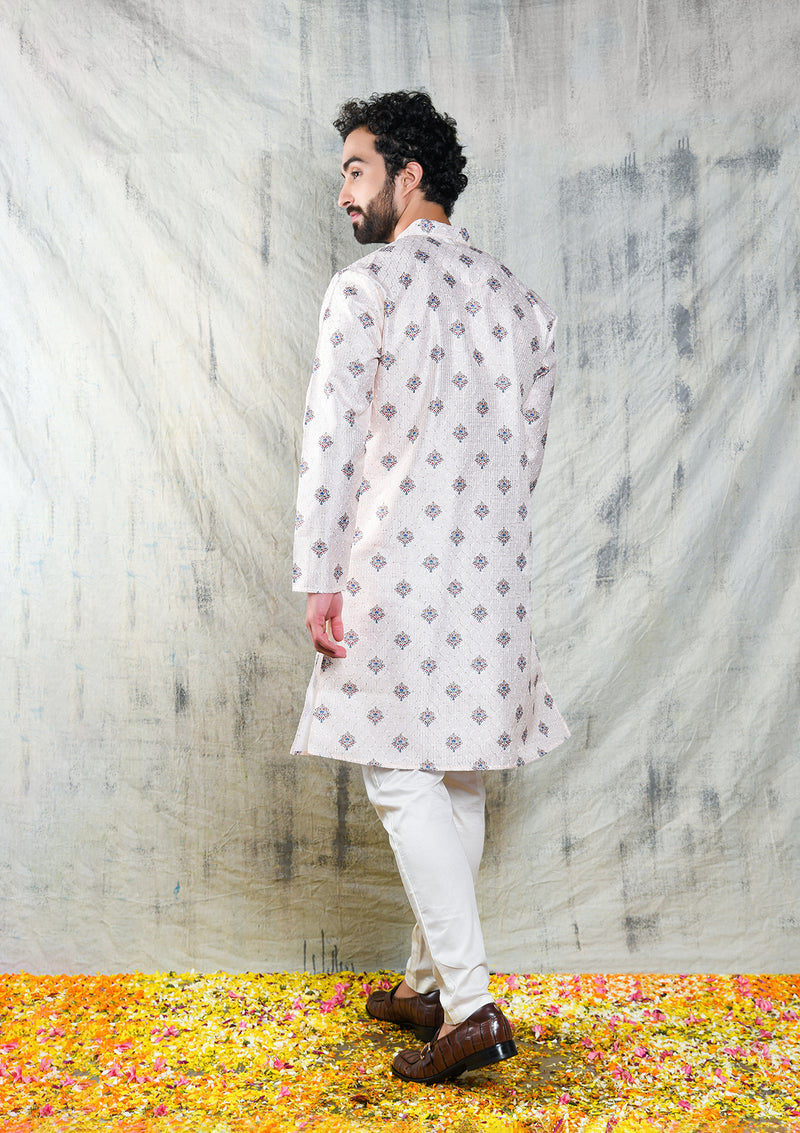 LIGHT CREAM MOTIF PRINTED POLY SILK KURTA PYJAMA SET WITH EMBROIDERY