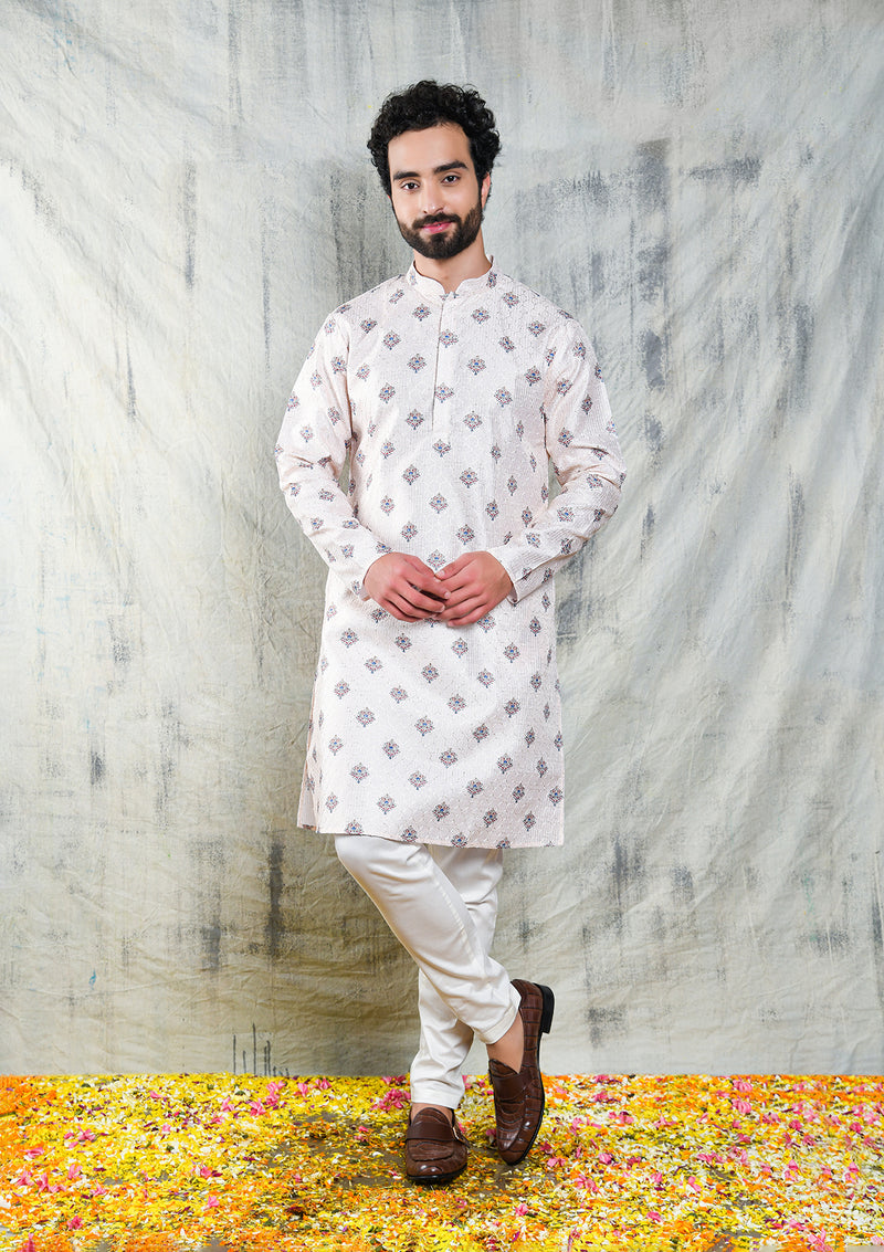 LIGHT CREAM MOTIF PRINTED POLY SILK KURTA PYJAMA SET WITH EMBROIDERY