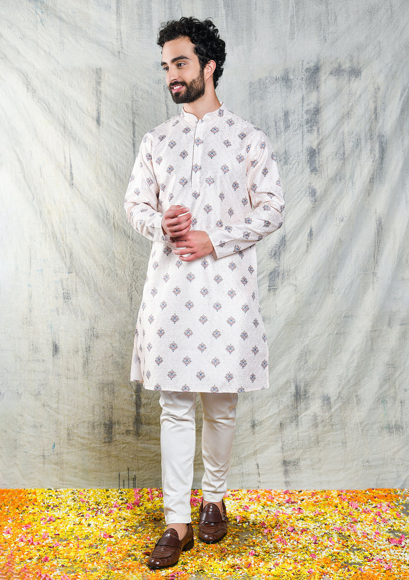 LIGHT CREAM MOTIF PRINTED POLY SILK KURTA PYJAMA SET WITH EMBROIDERY