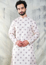 LIGHT CREAM MOTIF PRINTED POLY SILK KURTA PYJAMA SET WITH EMBROIDERY