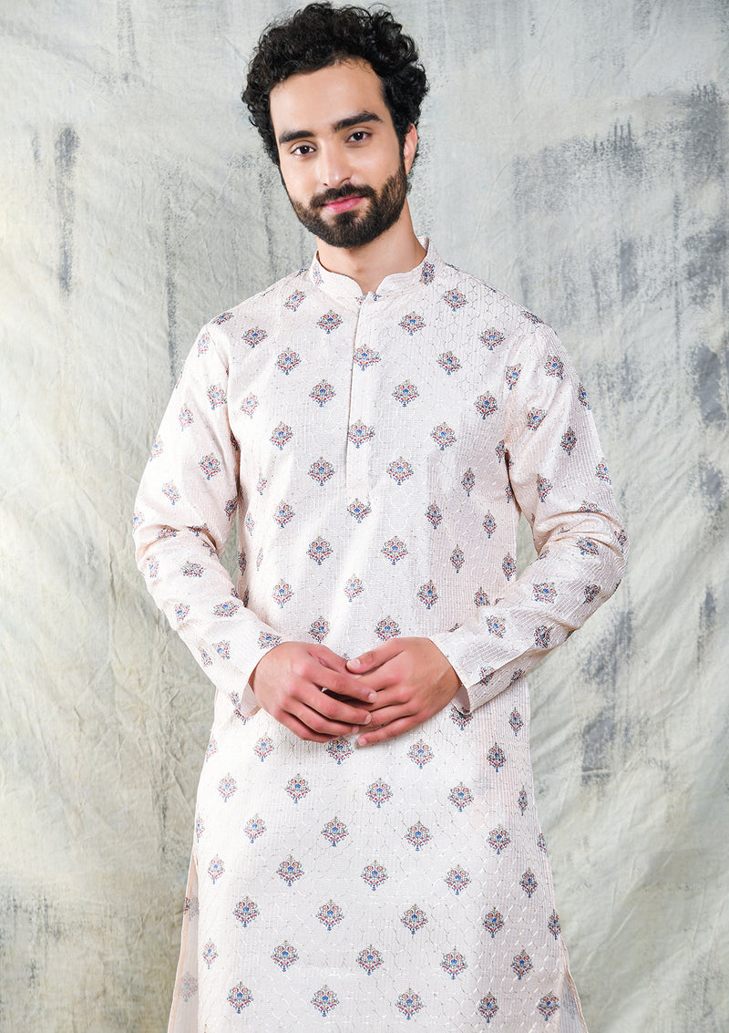 LIGHT CREAM MOTIF PRINTED POLY SILK KURTA PYJAMA SET WITH EMBROIDERY