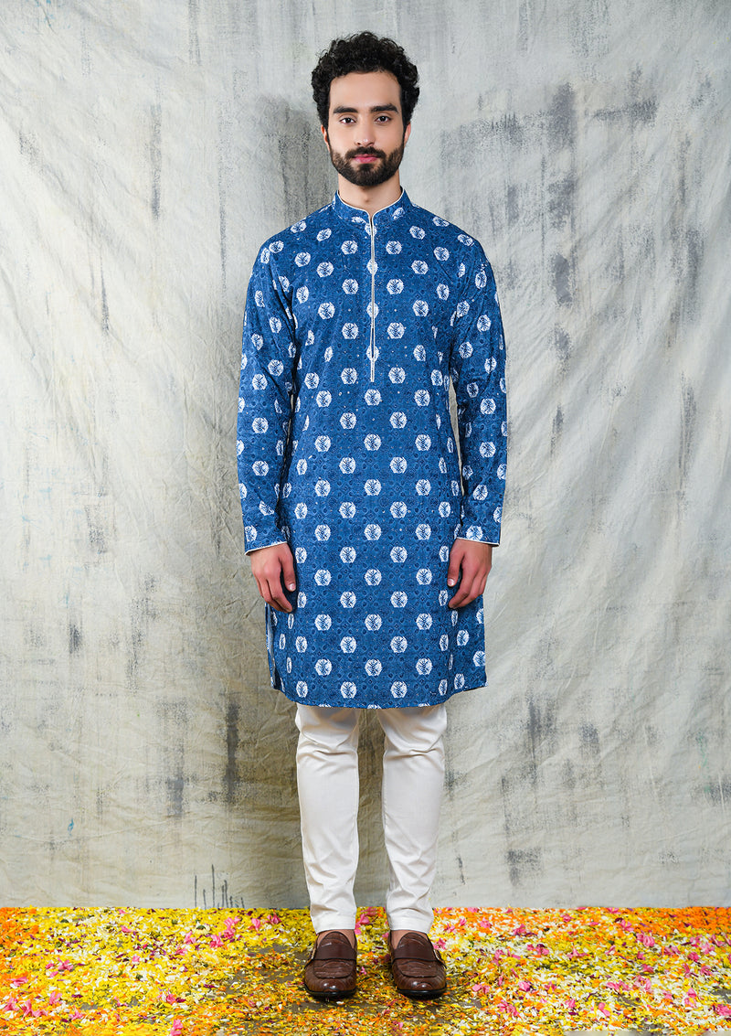 EMBROIDERED REFLEX BLUE BANDHANI KURTA SET WITH SEQUINS & CONTRAST PIPING DETAIL