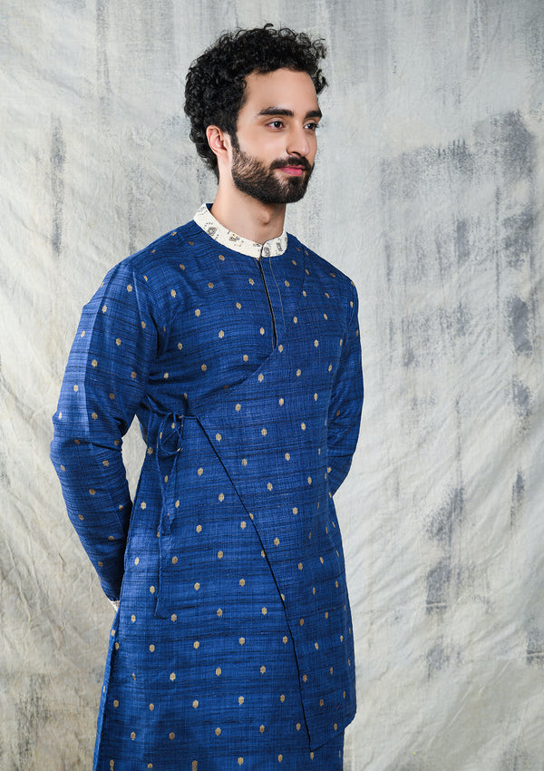 ROYAL BLUE MODERN ANGRAKHA SILK KURTA PYJAMA SET WITH EMBRIODERED COLLAR & CUFF