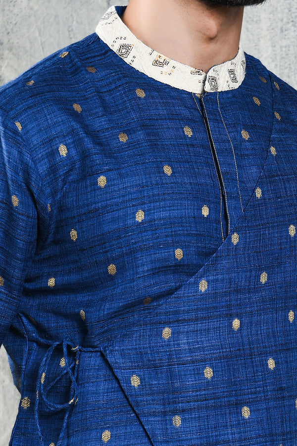 ROYAL BLUE MODERN ANGRAKHA SILK KURTA PYJAMA SET WITH EMBRIODERED COLLAR & CUFF