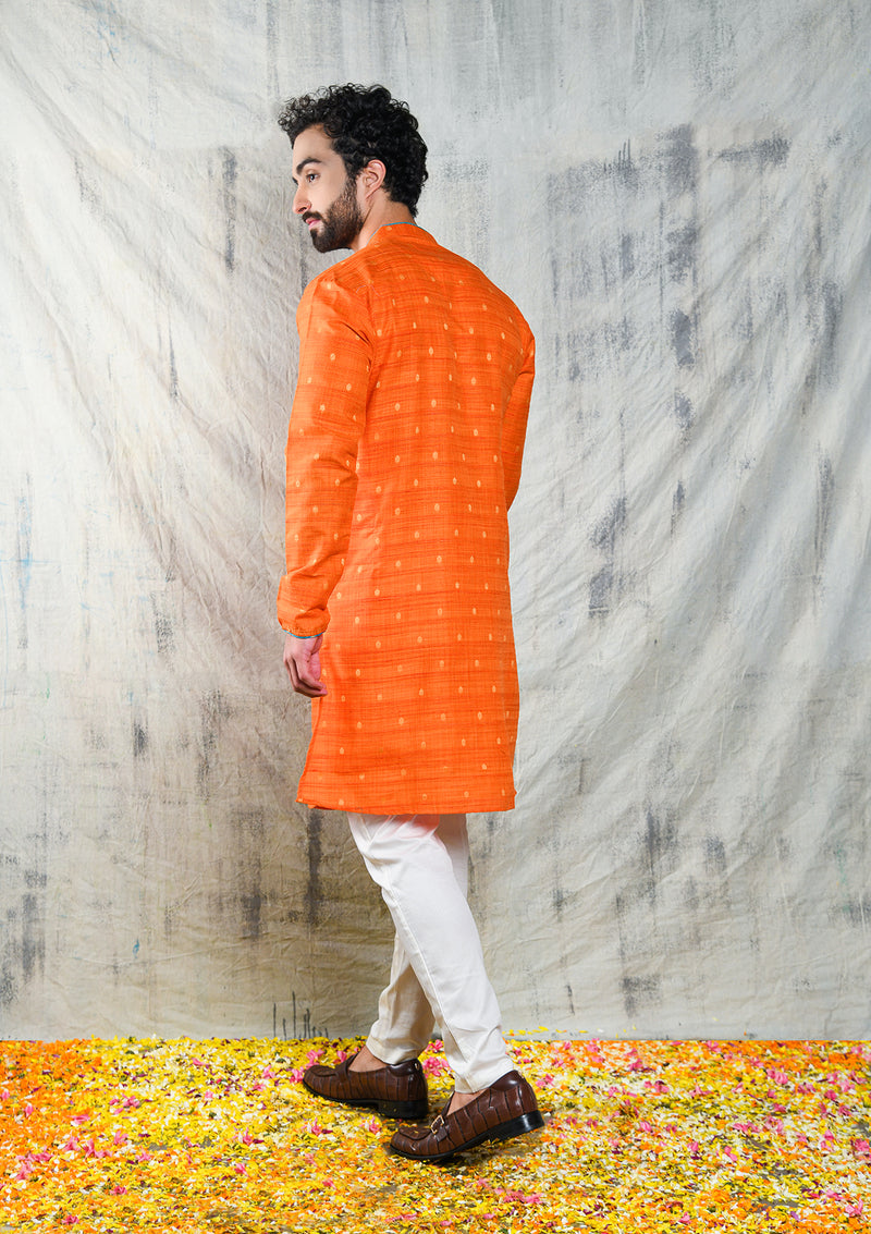 ORANGE RAW SILK KURTA PYJAMA SET WITH CONTRAST PIPING DETAIL