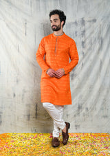 ORANGE RAW SILK KURTA PYJAMA SET WITH CONTRAST PIPING DETAIL