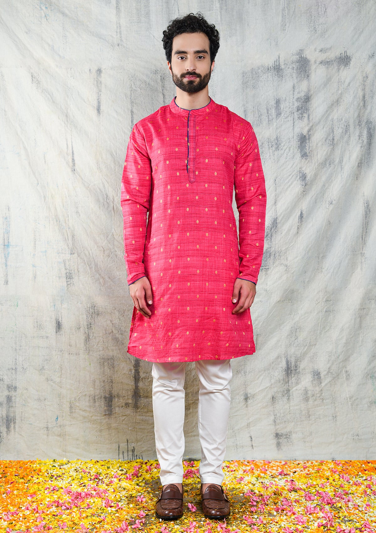 FUSCIA PINK HANDLOOM KURTA PYJAMA  SET WITH CONTRAST PIPING DETAIL