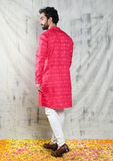 FUSCIA PINK HANDLOOM KURTA PYJAMA  SET WITH CONTRAST PIPING DETAIL