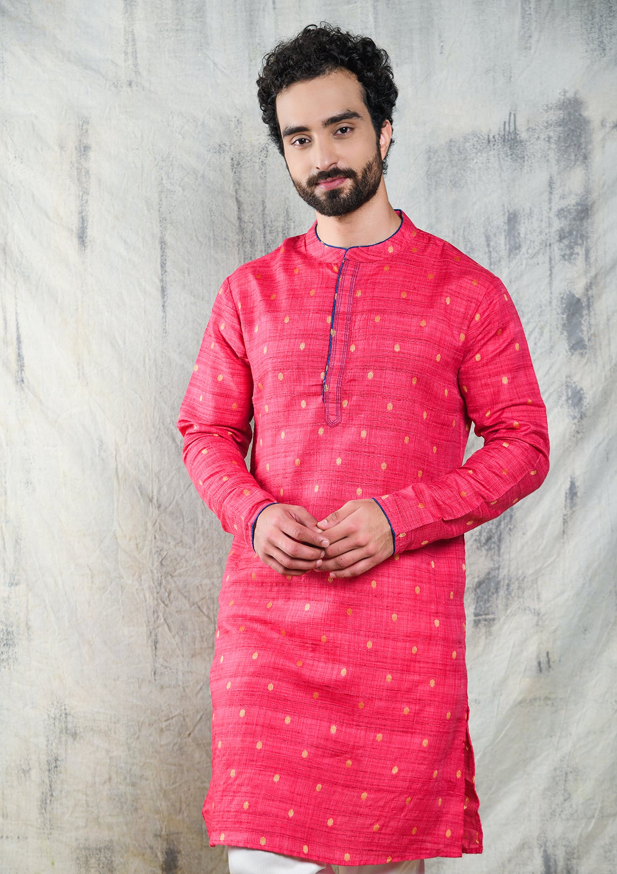 FUSCIA PINK HANDLOOM KURTA PYJAMA  SET WITH CONTRAST PIPING DETAIL