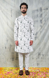 EMBROIDERED IVORY & GREEN TIE DYE KURTA PYJAMA SET CONTRAST NECK PIPING DETAIL