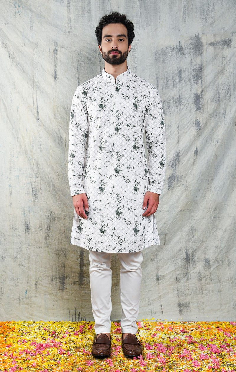 EMBROIDERED IVORY & GREEN TIE DYE KURTA PYJAMA SET CONTRAST NECK PIPING DETAIL