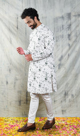 EMBROIDERED IVORY & GREEN TIE DYE KURTA PYJAMA SET CONTRAST NECK PIPING DETAIL