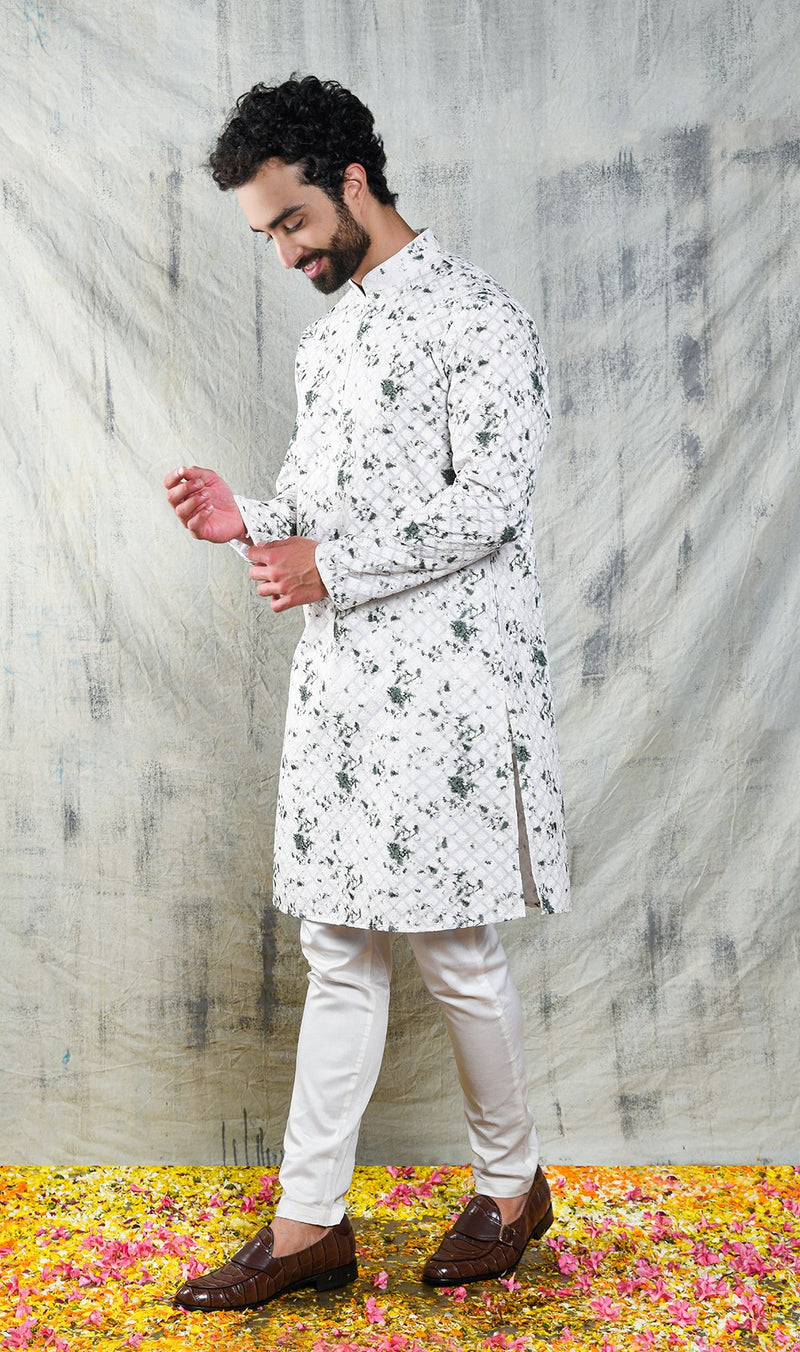 EMBROIDERED IVORY & GREEN TIE DYE KURTA PYJAMA SET CONTRAST NECK PIPING DETAIL