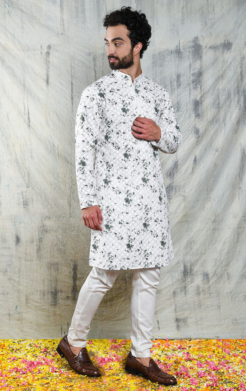 EMBROIDERED IVORY & GREEN TIE DYE KURTA PYJAMA SET CONTRAST NECK PIPING DETAIL