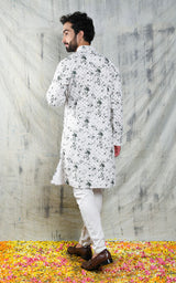 EMBROIDERED IVORY & GREEN TIE DYE KURTA PYJAMA SET CONTRAST NECK PIPING DETAIL