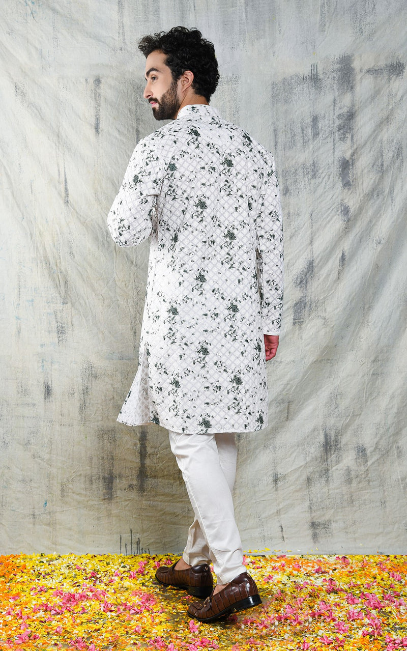 EMBROIDERED IVORY & GREEN TIE DYE KURTA PYJAMA SET CONTRAST NECK PIPING DETAIL