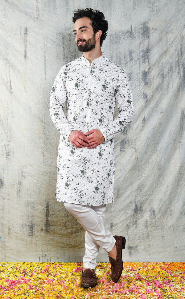 EMBROIDERED IVORY & GREEN TIE DYE KURTA PYJAMA SET CONTRAST NECK PIPING DETAIL