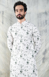 EMBROIDERED IVORY & GREEN TIE DYE KURTA PYJAMA SET CONTRAST NECK PIPING DETAIL