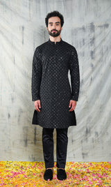 EMBROIDERED JADE BLACK KURTA PYJAMA SET WITH ALL OVER SEQUIN DESIGN