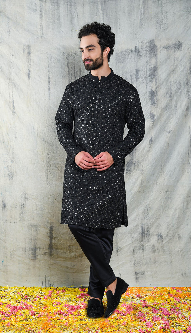 EMBROIDERED JADE BLACK KURTA PYJAMA SET WITH ALL OVER SEQUIN DESIGN