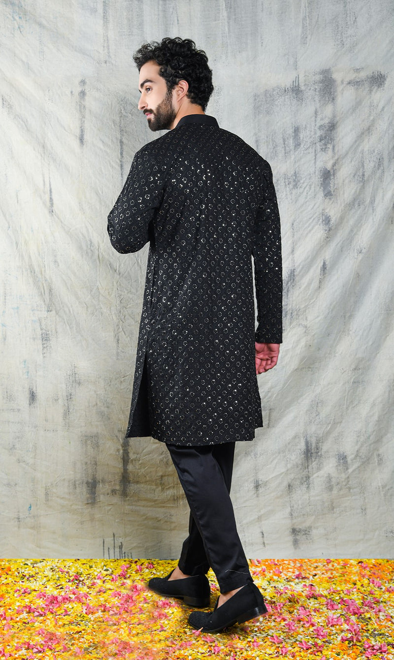 EMBROIDERED JADE BLACK KURTA PYJAMA SET WITH ALL OVER SEQUIN DESIGN