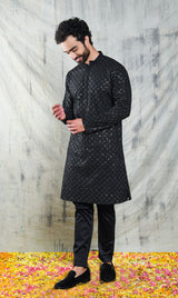 EMBROIDERED JADE BLACK KURTA PYJAMA SET WITH ALL OVER SEQUIN DESIGN