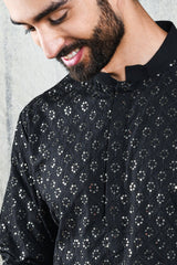 EMBROIDERED JADE BLACK KURTA PYJAMA SET WITH ALL OVER SEQUIN DESIGN