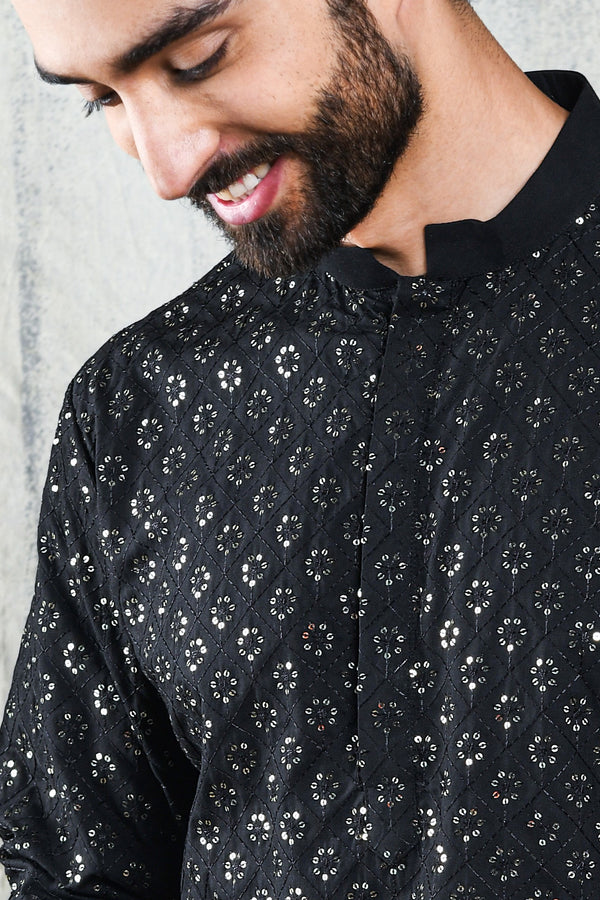 EMBROIDERED JADE BLACK KURTA PYJAMA SET WITH ALL OVER SEQUIN DESIGN