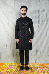 JET BLACK KURTA PYJAMA SET WITH CHECKERBOARD ABLA EMBROIDERY