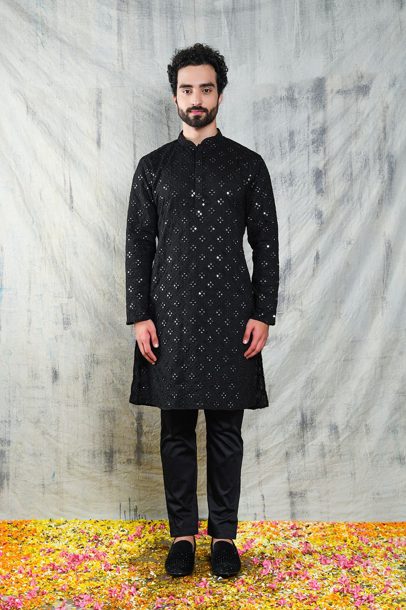 JET BLACK KURTA PYJAMA SET WITH CHECKERBOARD ABLA EMBROIDERY