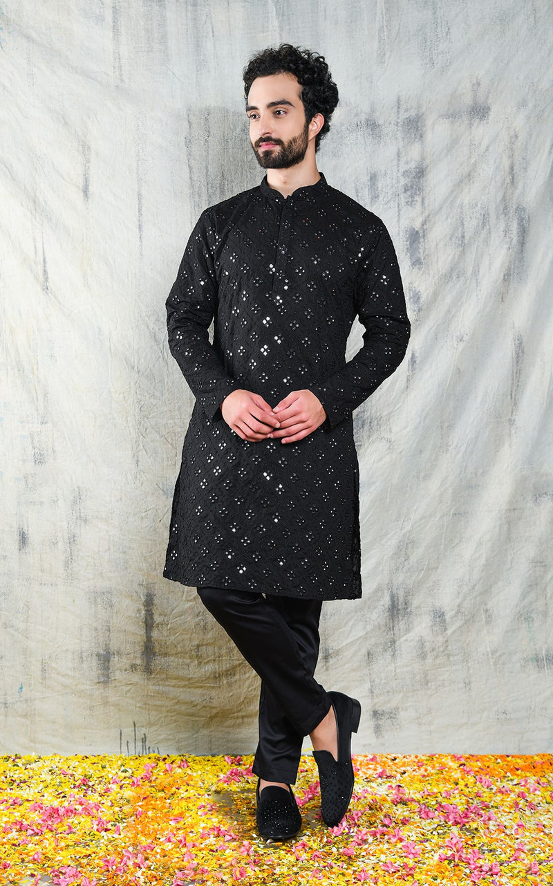 JET BLACK KURTA PYJAMA SET WITH CHECKERBOARD ABLA EMBROIDERY