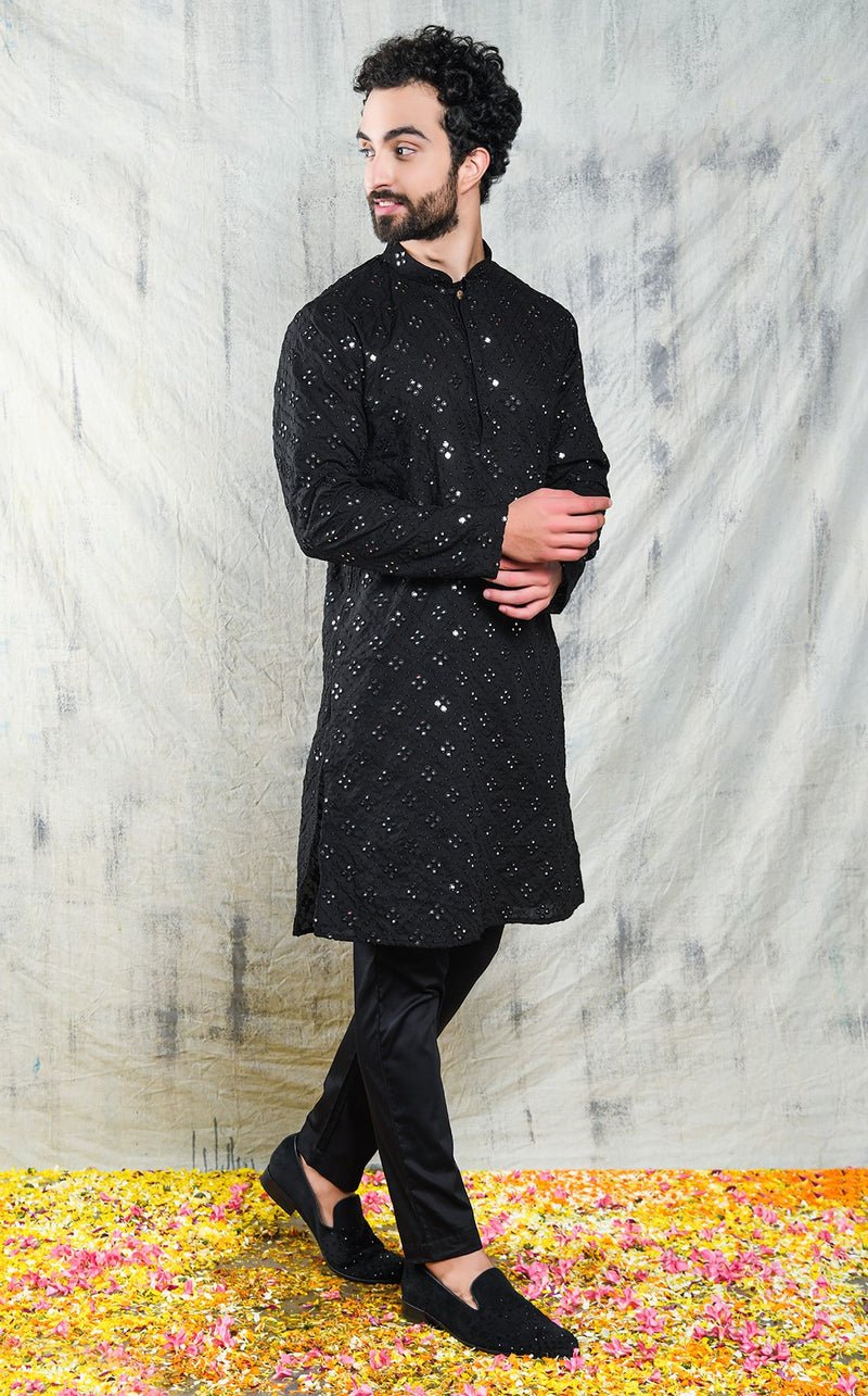 JET BLACK KURTA PYJAMA SET WITH CHECKERBOARD ABLA EMBROIDERY