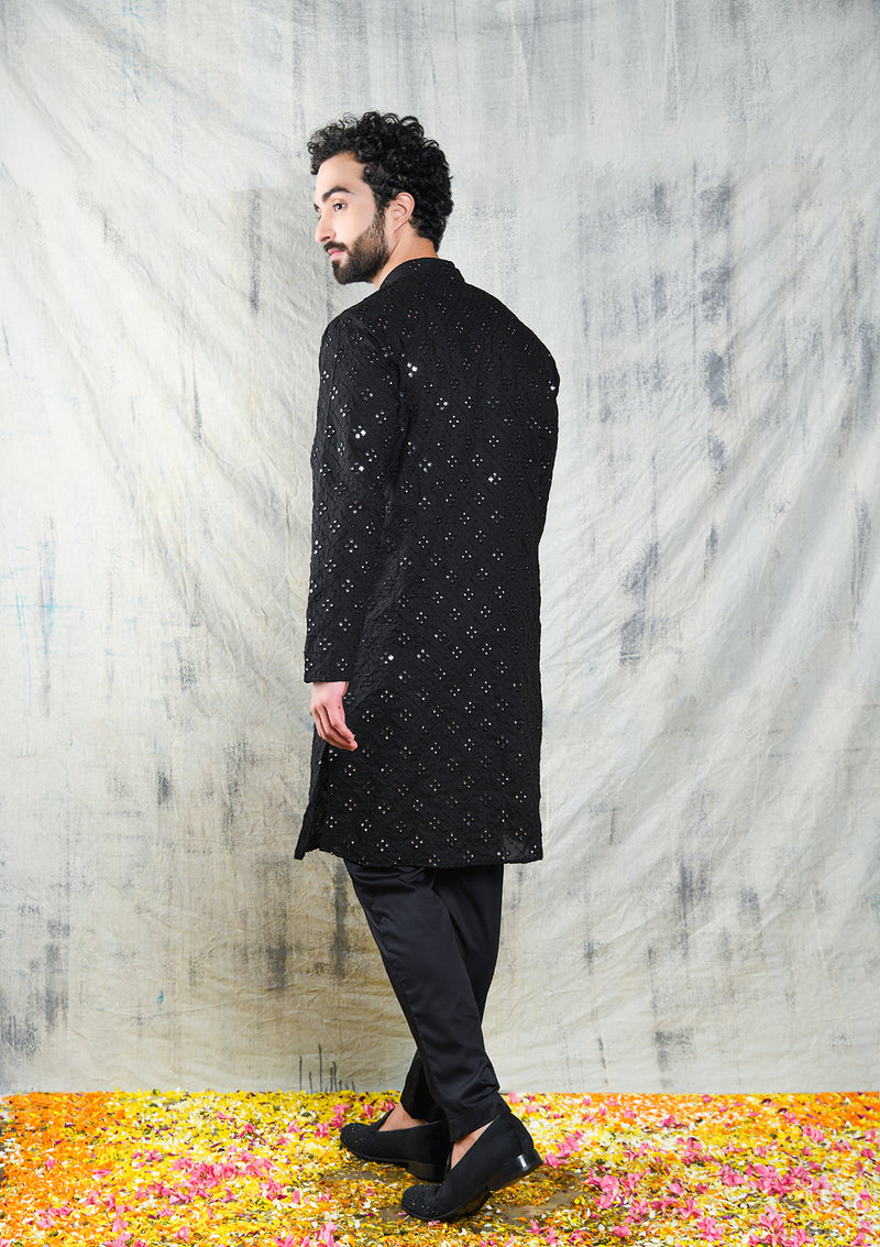 JET BLACK KURTA PYJAMA SET WITH CHECKERBOARD ABLA EMBROIDERY
