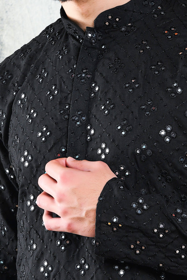 JET BLACK KURTA PYJAMA SET WITH CHECKERBOARD ABLA EMBROIDERY