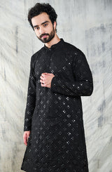 JET BLACK KURTA PYJAMA SET WITH CHECKERBOARD ABLA EMBROIDERY