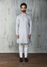 GLACIER GREY COTTON ZARI KURTA PYJAMA SET WITH POTLI BUTTONS