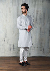 GLACIER GREY COTTON ZARI KURTA PYJAMA SET WITH POTLI BUTTONS