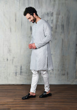 GLACIER GREY COTTON ZARI KURTA PYJAMA SET WITH POTLI BUTTONS