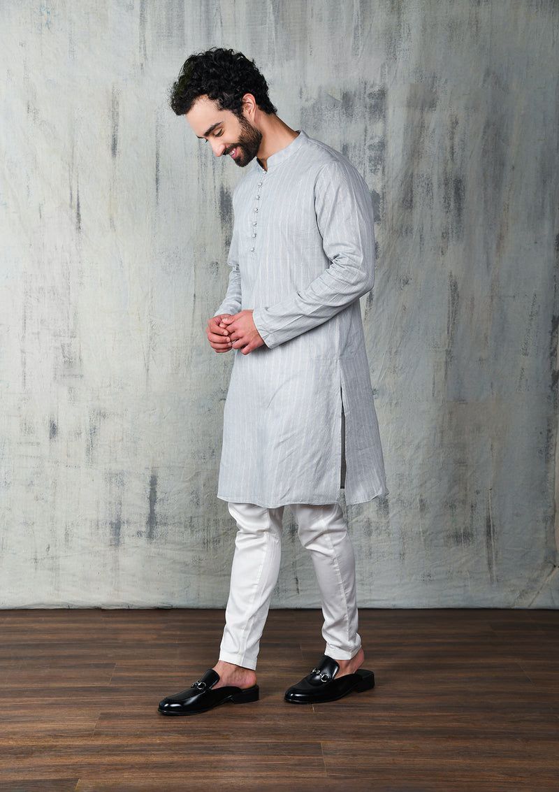 GLACIER GREY COTTON ZARI KURTA PYJAMA SET WITH POTLI BUTTONS