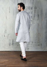 GLACIER GREY COTTON ZARI KURTA PYJAMA SET WITH POTLI BUTTONS