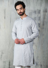 GLACIER GREY COTTON ZARI KURTA PYJAMA SET WITH POTLI BUTTONS