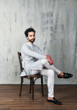 GLACIER GREY COTTON ZARI KURTA PYJAMA SET WITH POTLI BUTTONS