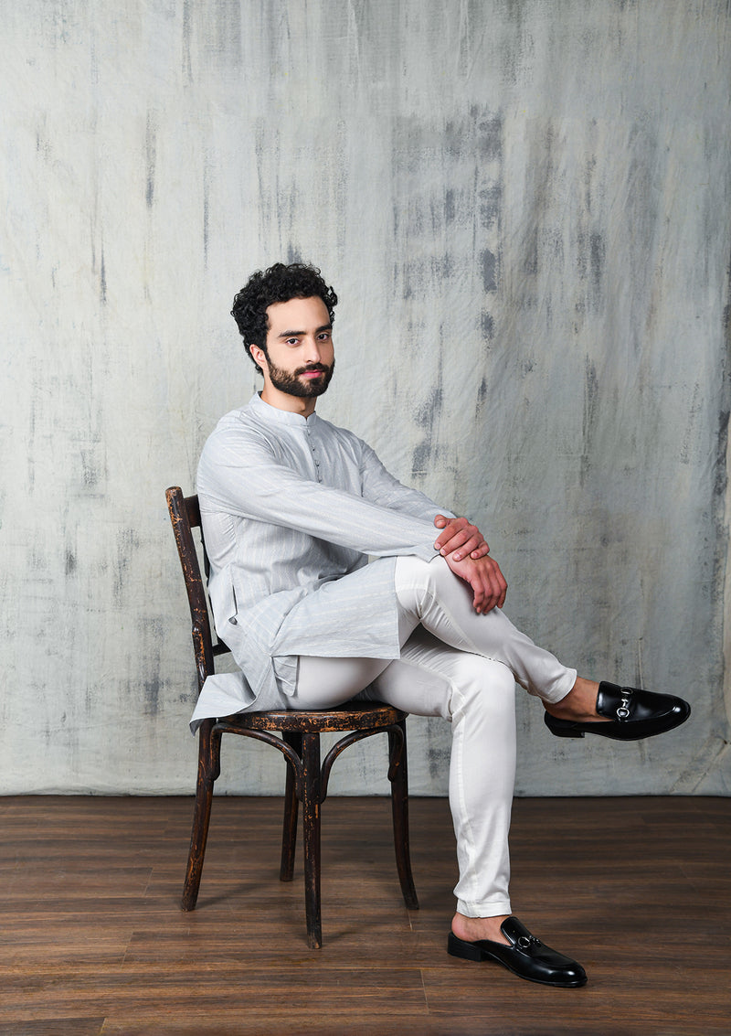 GLACIER GREY COTTON ZARI KURTA PYJAMA SET WITH POTLI BUTTONS