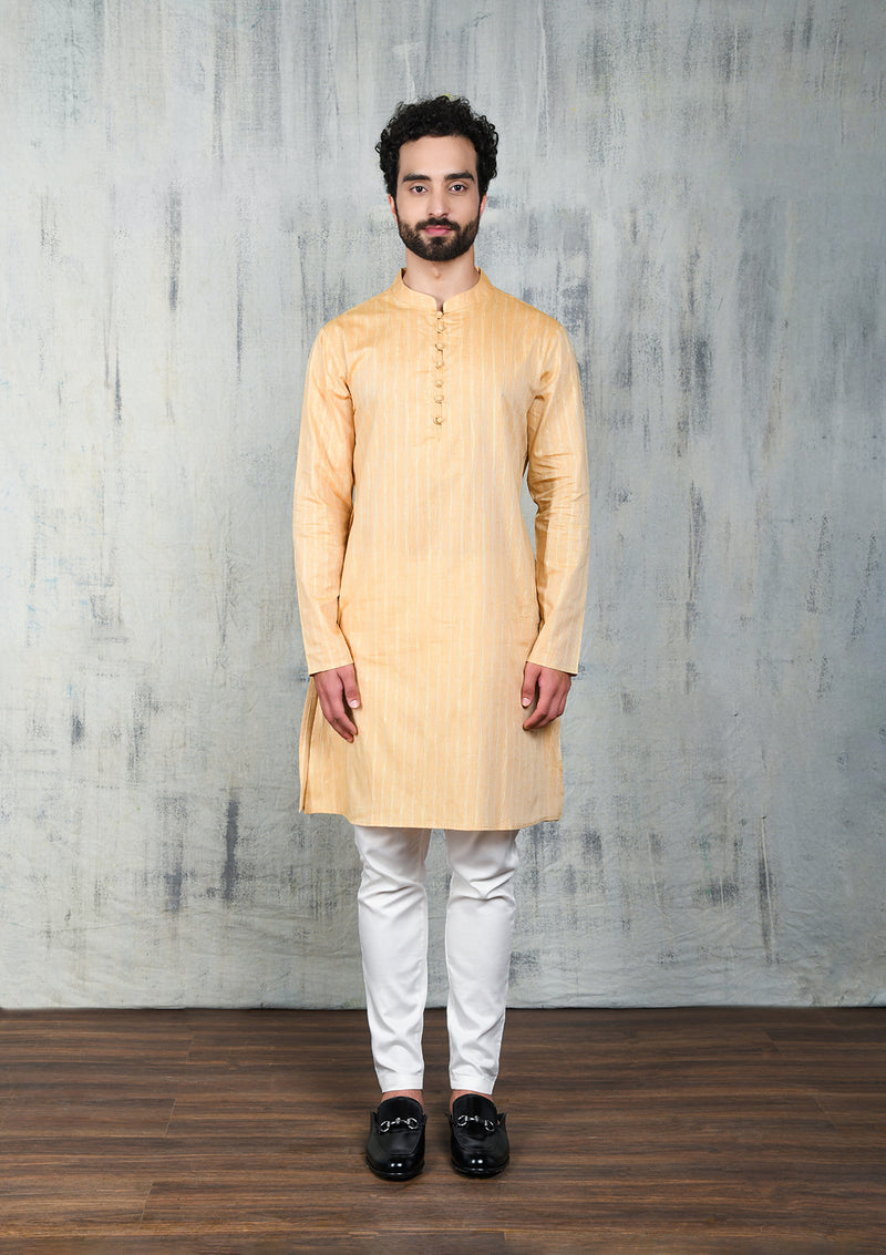 SAND BROWN COTTON ZARI KURTA PYJAMA SET WITH POTLI BUTTONS