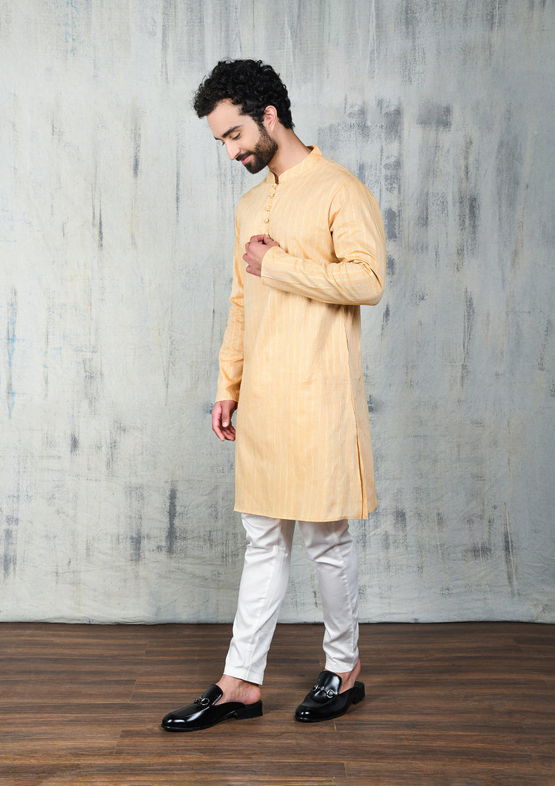 SAND BROWN COTTON ZARI KURTA PYJAMA SET WITH POTLI BUTTONS