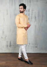 SAND BROWN COTTON ZARI KURTA PYJAMA SET WITH POTLI BUTTONS
