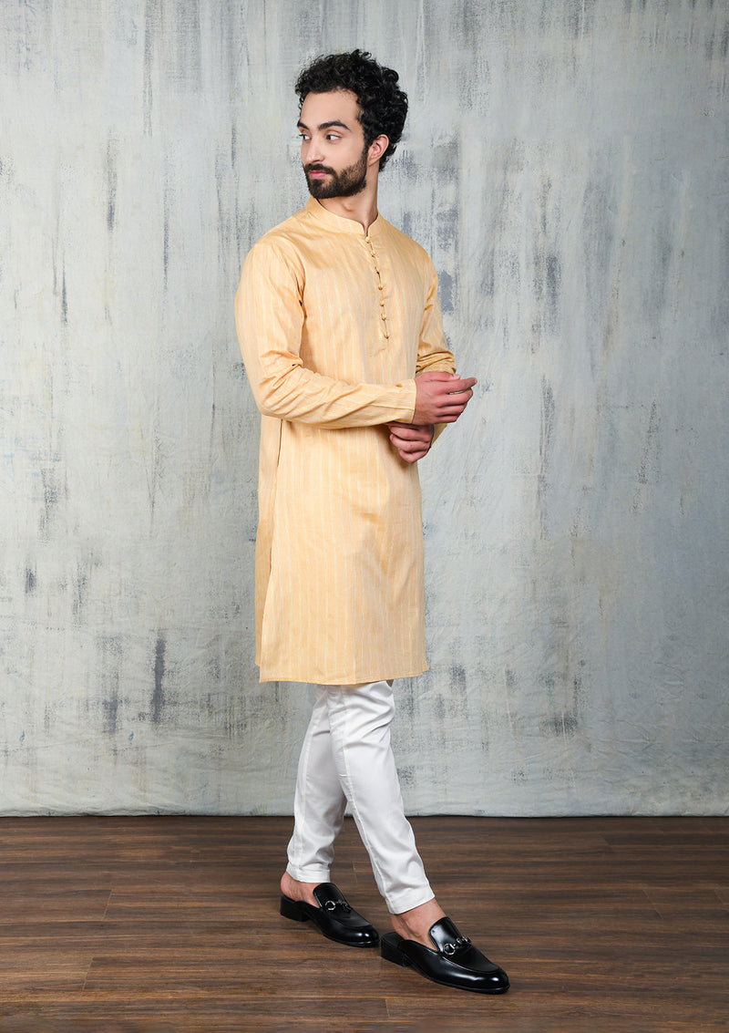 SAND BROWN COTTON ZARI KURTA PYJAMA SET WITH POTLI BUTTONS